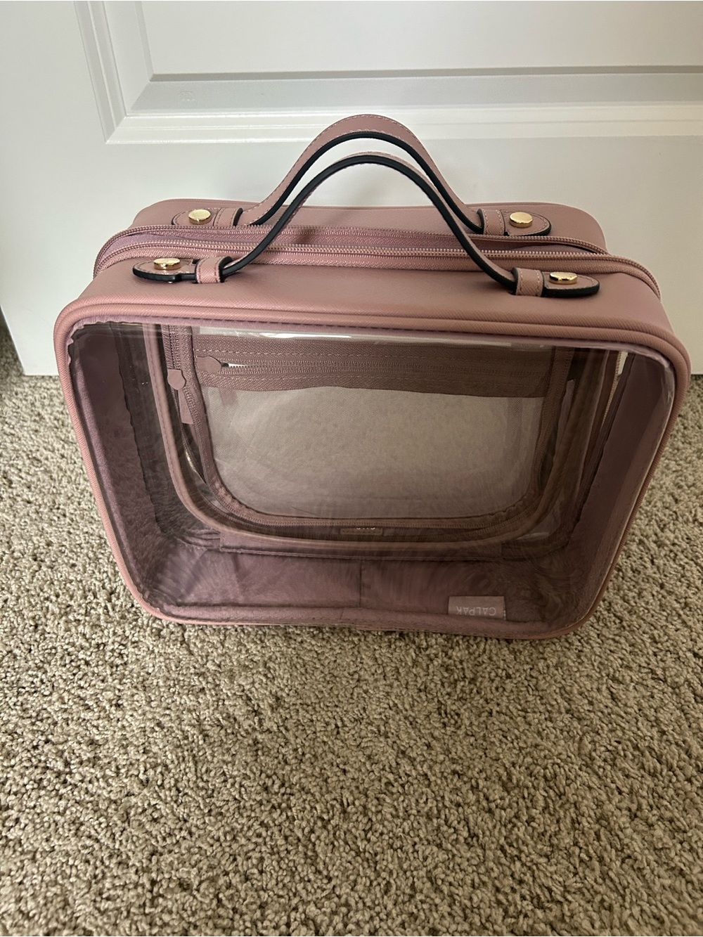 Calpak Clear Cosmetic Case with Mauve Pink Trim and Handles - Picture 2 of 7